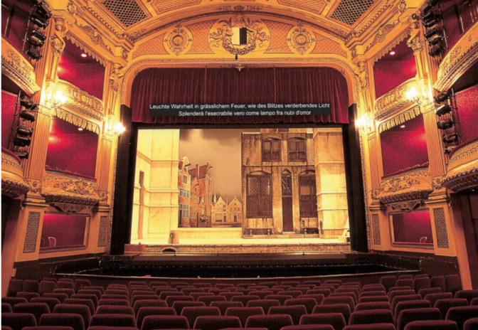 Eine Opernbühne mit einem Display oberhalb der Bühne, auf dem Über·titel angezeigt werden