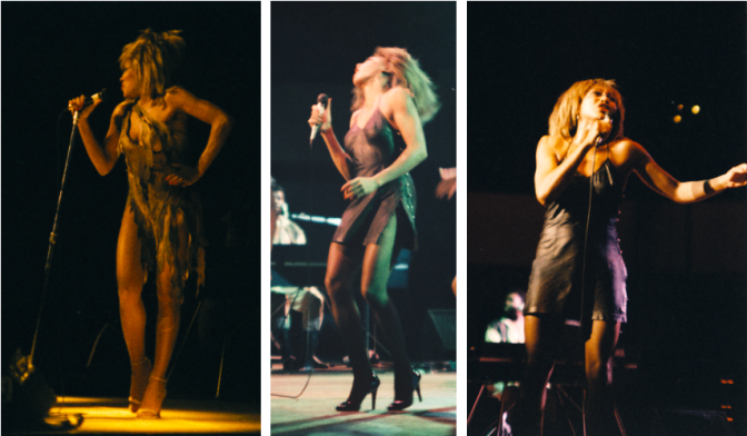 3 Fotos einer jungen Tina Turner bei einem Konzert. Sie tanzt und singt.
