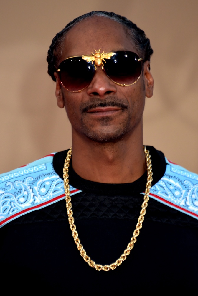 Snoop Dogg mit schwarzer Haut und schwarzen zu Braids gebundenen haaren, Er trägt eine auffällige goldene Sonnenbrille und Strreetwear.