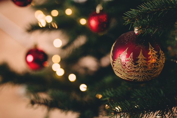 Eine rot-goldene Weihnachtskugeel hängt am Zweig eines Weihnachtsbaumes