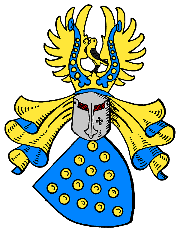 Ein Wappen mit einem Schild, einem Helm und einem Vogel. Es ist in blau und gelb gehalten, nur der Helm ist silbern.