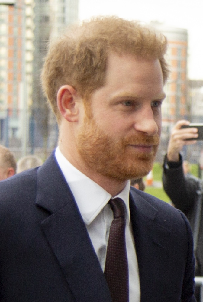 Prinz Harry mit roten Haaren und rotem Vollbart. Er trägt Anzug und Krawatte und ist im Profil fotografiert.