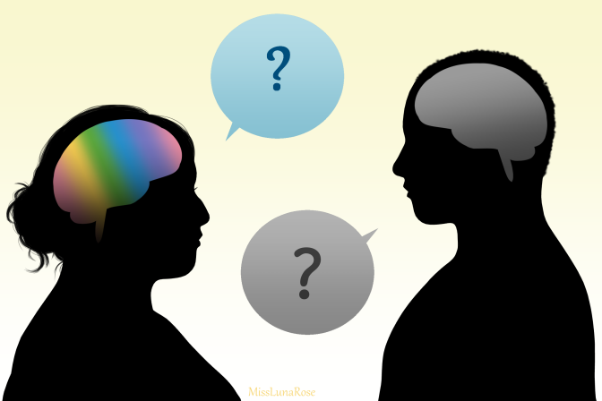 Zeichnung zweier Personen. Beide formulieren eine Sprechblase mit einem Fragezeichen darin. Bei einer Person wird das Gehirn grau, bei der anderen regenbogenfarben dargestellt.