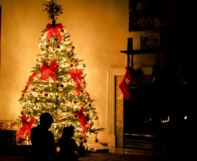 Ein beleuchteter Weihnachtsbaum mit großen, roten Schleifen