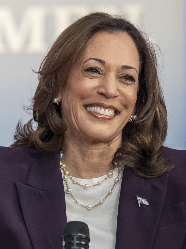 Kamala Harris steht mit einem breiten Lächeln vor seiner Logowand.