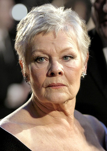 Judi Dench mit kurzen, weißen Haaren,. Sie schaut mit ernstem Blick seitlich an der Kamera vorbei.