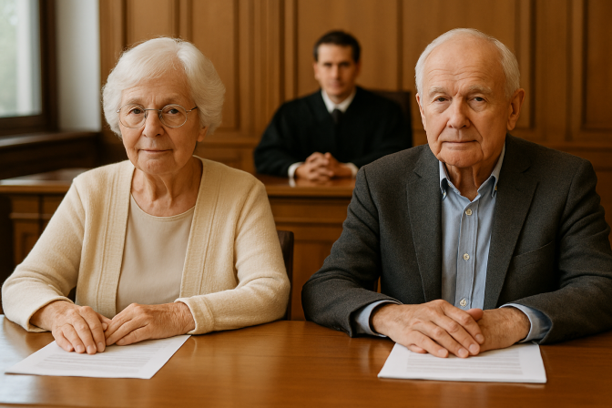 Ein Paar mit weißen Haaren sitzt in einem Gerichtssaal, in der Reihe hinter den beiden sitzt ein Anwalt in einer schwarzen Robe.