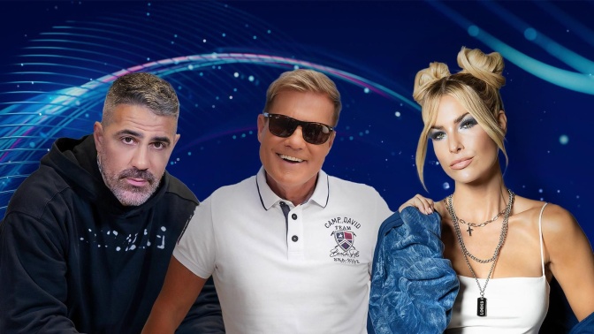 Die 3 Mitglieder der Jury vor einem Bildschirm mit dem Corporate Design von DSDS