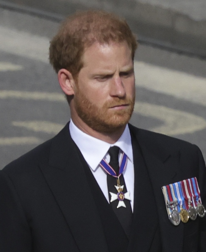 Prinz Harry mit ernstem Blick in Anzug und Krawatte. Er trägt viele Orden.
