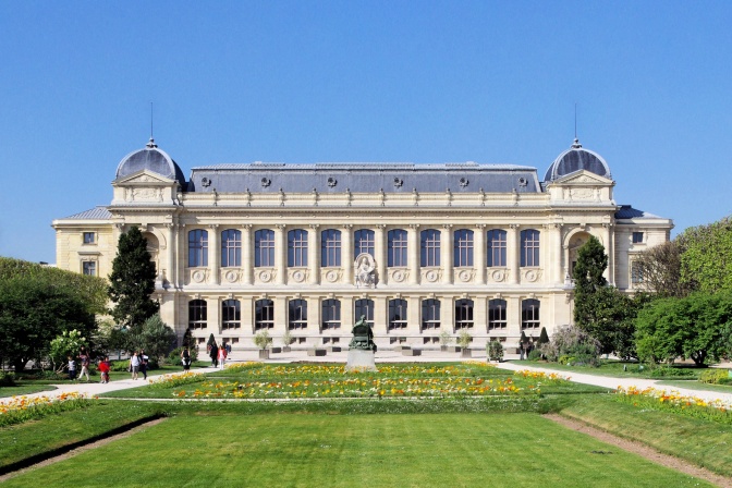 Ein großes altes Gebäude aus hellem Sandstein in einem Park unter strahlend blauem Himmel