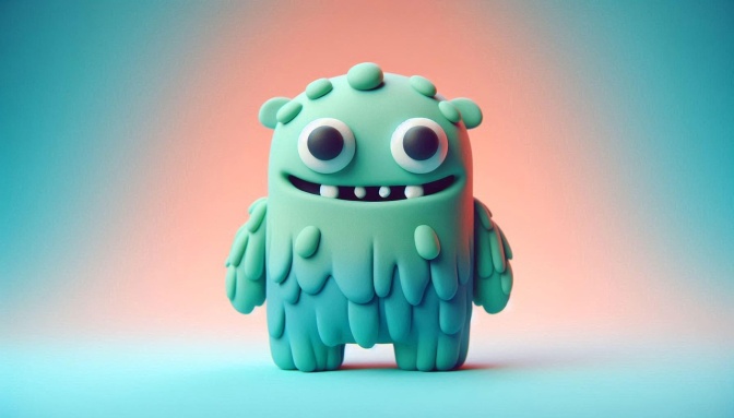 Ein kleines türkisfarbenes Monster aus Knetmasse mit großen, weißen Kulleraugen.