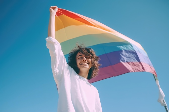 Eine junge Frau hebt mit gestreckten Faust die Regenbogenflagge in die Luft.