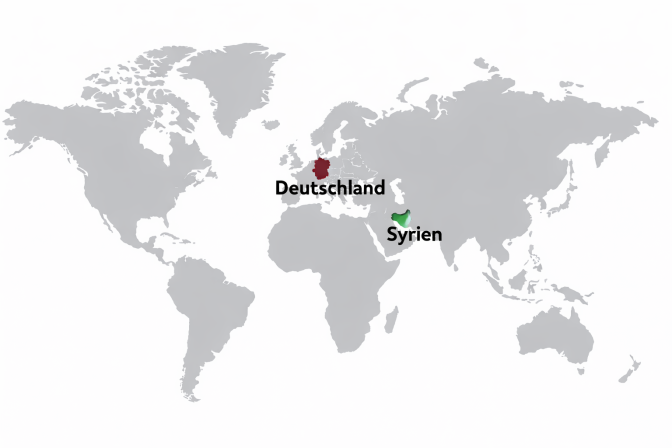 Eine Weltkarte, auf der die Länder Deutschland und Syrien hervorgehoben sind.