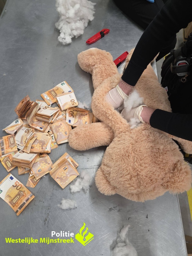 Zwei Hände holen Geldbündel aus dem Inneren des Teddybär.