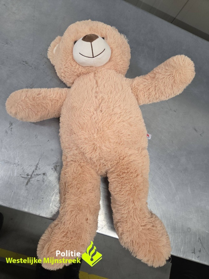 Ein großer Teddybär aus hellem Plüsch mit einem freundlichen, aufgestickten Gesicht.