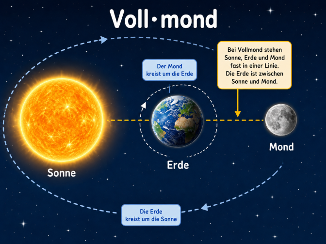 Eine Illustration von Sonne, Erde und Mond in einer Reihe. Durch Pfeile ist die Bewegung umeinander herum dargestellt.