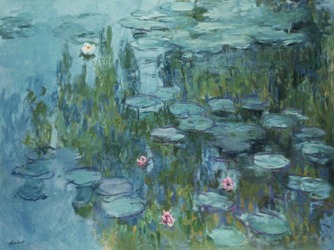 Ein Gemälde von Seerosen auf dem Wasser. Die vorherrschenden Farbtöne des Bildes sind blau und grün.