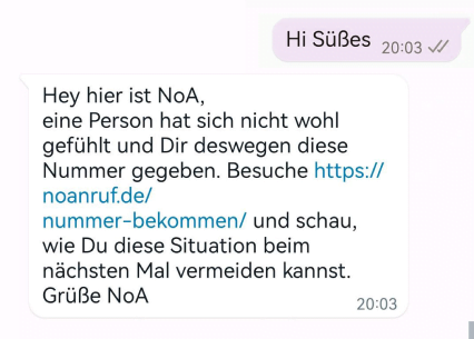 Screenshot der Nachricht, die NoA automatisch versendet