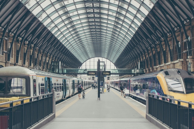 Zwei Züge stehen am Bahnhof am Gleis.