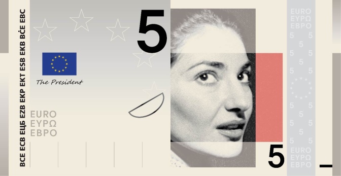 Ein 5-Euro-Schein mit dem Gesicht der Sängerin Maria Callas.