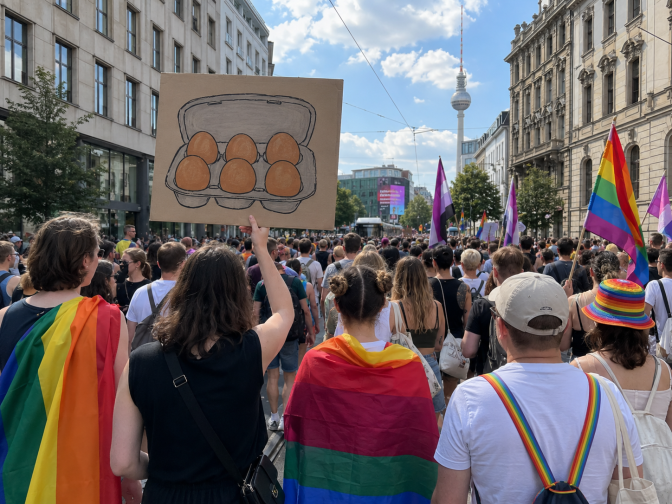 Demonstrant*innen sind von hinten zu sehen. Eine Person trägt ein Demoschild mit einem gemalten Eierkarton mit Eiern.