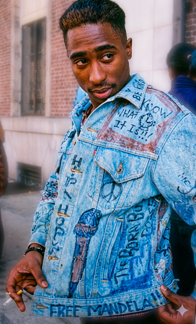 Tupac Shakur trägt eine bedruckte und bemalte Jeansjacke und macht ein Selfie.