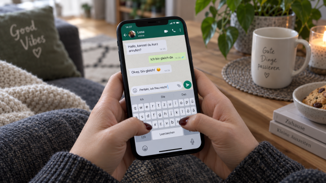 Eine Person liegt auf der Couch und schreibt Nachrichten per WhatsApp. Man sieht nur die Hände der Person und das Handy.