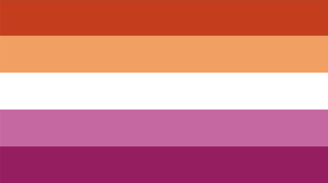 Die lesbische Prideflagge mit Streifen in den Farben rot, orange, weiß, rosa und pink.