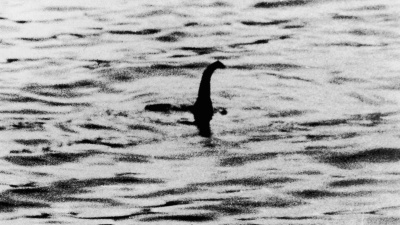Ein unscharfes schwarz-weiß-Foto eines Wesens mit langem Hals, der aus dem Wasser ragt.
